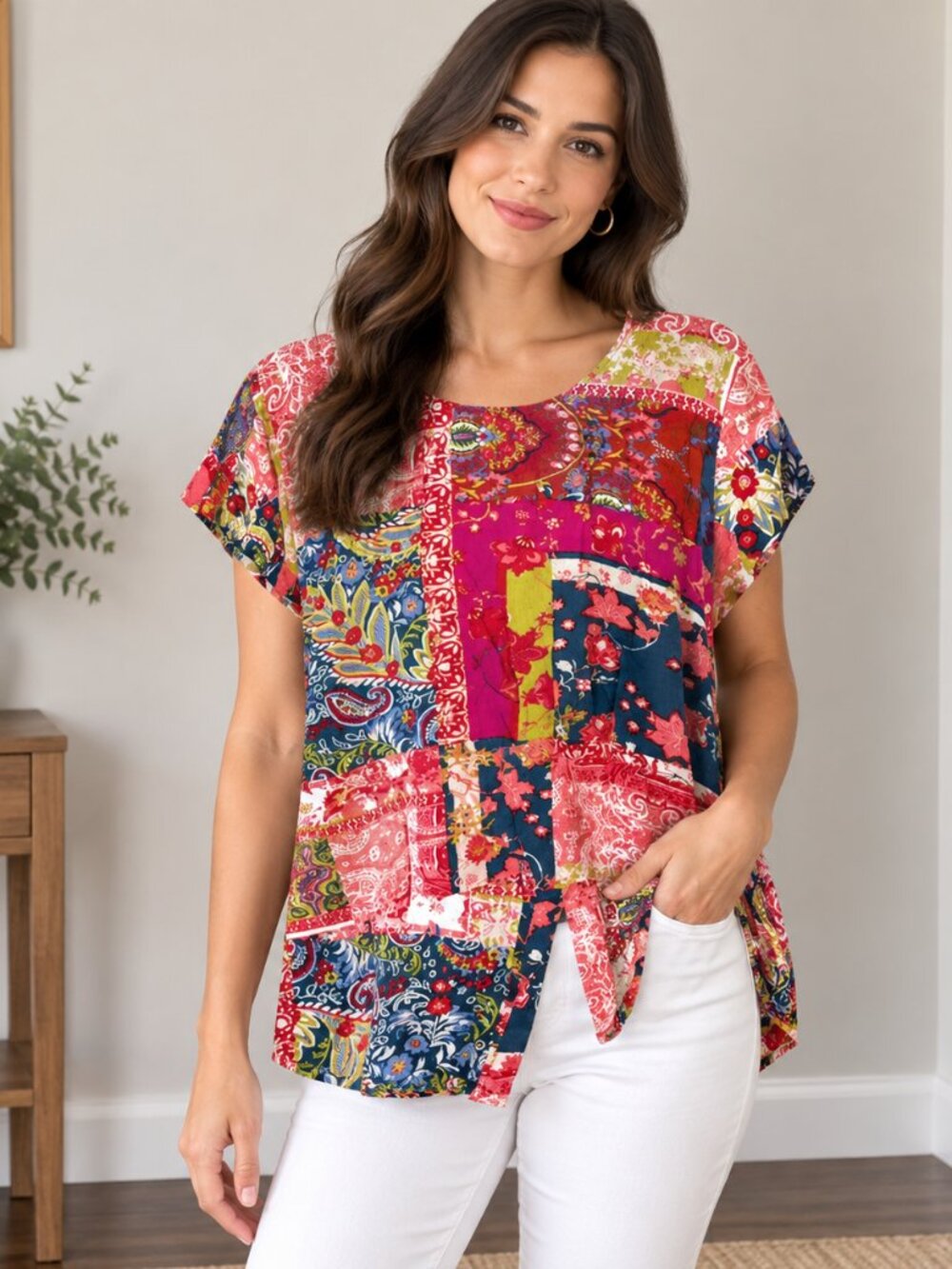Jones & Co Floral Short Sleeve Boho Blouse 1X